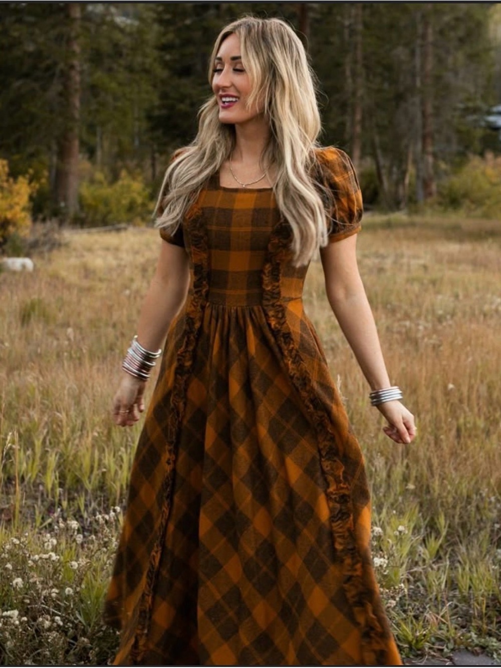 Ivy City Co Rust Plaid Plaid Midi Dress